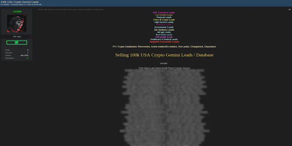 Clambouk's tweet photo. ⚠️ Darkweb hackers claim to have leaked user data from Gemini and Binance. A threat actor operating under the alias AKM69 has put up for sale lists of information related to the Gemini crypto exchange. The database for sale reportedly includes 100,000 records, each containing. https://t.co/hXHOwRlPI7