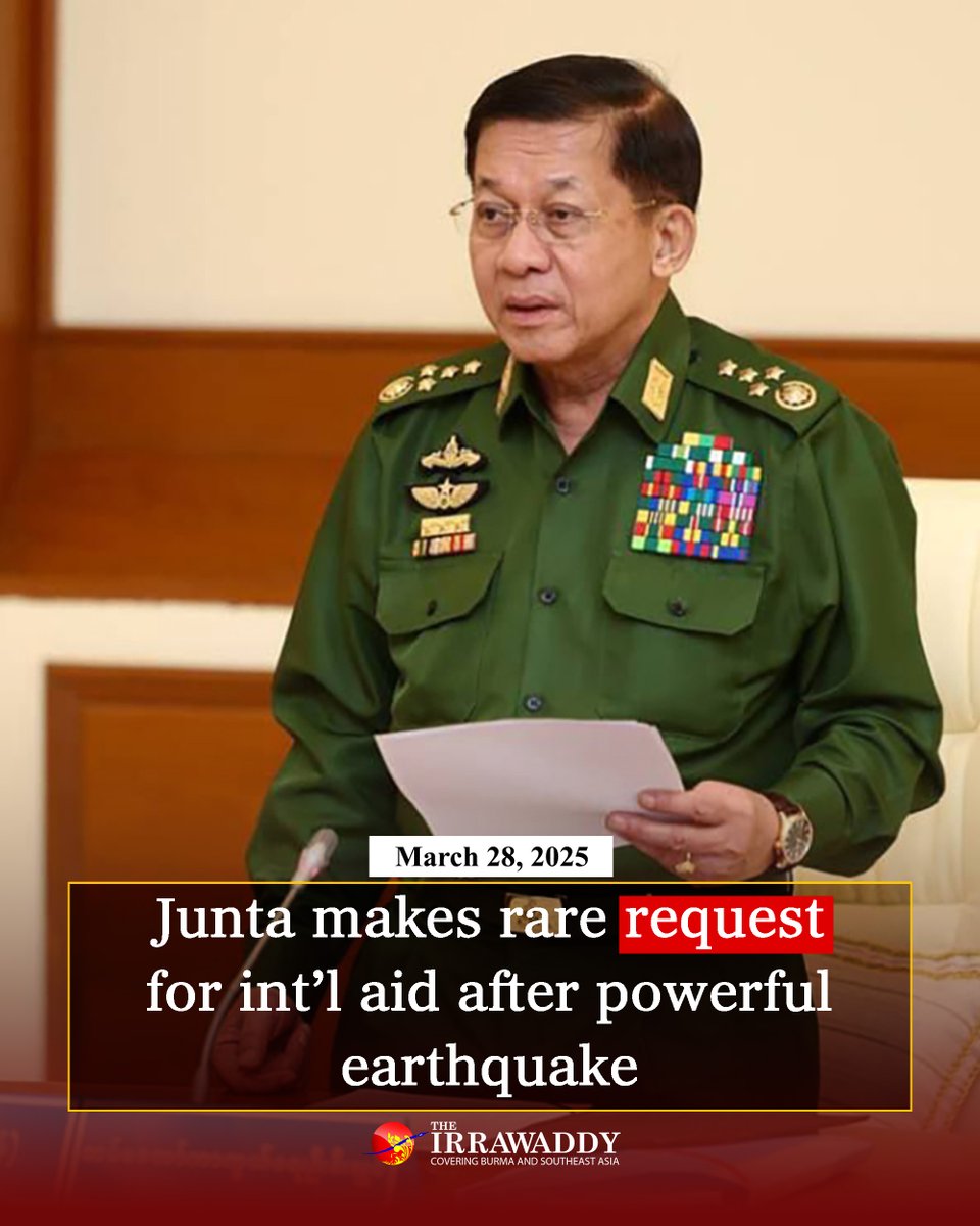 IrrawaddyNews's tweet photo. The junta has made a rare request for international humanitarian aid and declared a state of emergency across the six worst-affected regions in upper Myanmar after a powerful quake hit the country on Friday. 
#WhatsHappeningInMyanmar #earthquake #Myanmar https://t.co/tWT7l0Q1FK
