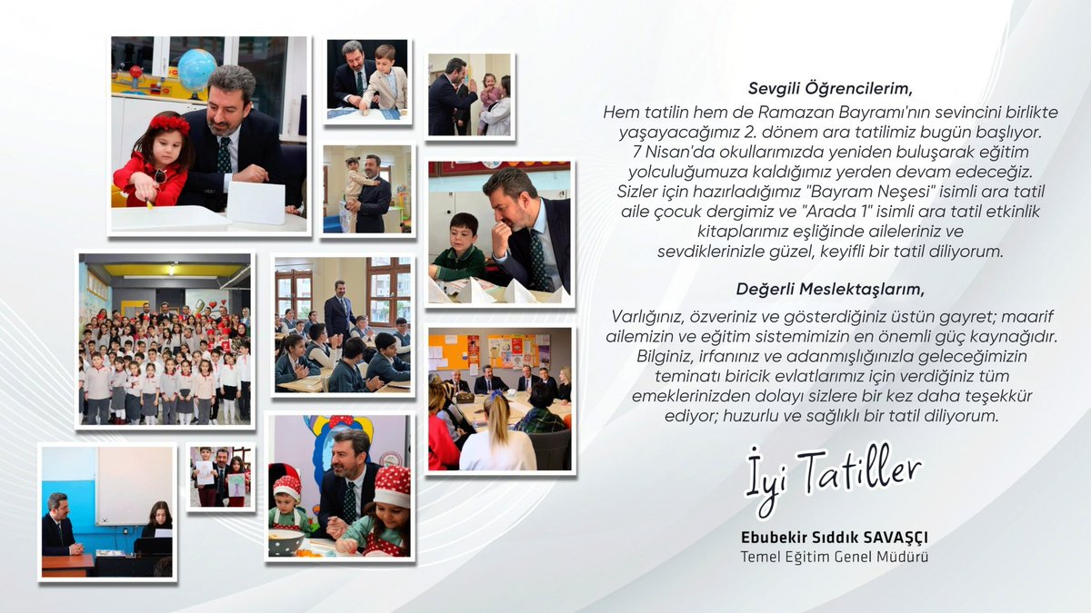 Sevgili Öğrencilerim, 
Hem tatilin hem de Ramazan Bayramı'nın sevincini birlikte yaşayacağımız 2. dönem ara tatilimiz bugün başlıyor.
7 Nisan'da okullarımızda yeniden buluşarak eğitim yolculuğumuza kaldığımız yerden devam edeceğiz.
Sizler için hazırladığımız "Bayram Neşesi"