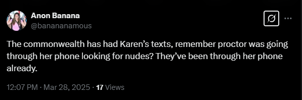sdpj131313's tweet image. Just want to take a moment to point out the genius of the Free Karen Read crowd. Apparently Karen was texting TB from the phone that has been in the CW possession since 2/28/22, so they have all her texts with TB. Yup, this is FKR
