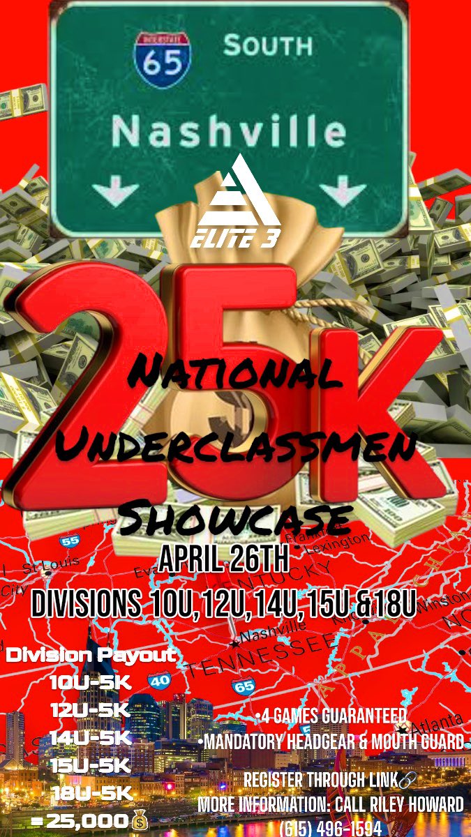 Elite 3🔺National Underclassmen Showcase 

LIMITED SLOTS AVAILABLE 

📅 Date: April 26th
🕒 Time: 8am kickoff 
📍 Location: NASHVILLE 
•Centennial HS
5050 Mallory Ln, Franklin, TN 37067

25,0000 Payout💰🤑 
10U 5K Winner
12U 5K Winner
14U 5K Winner
15U 5K Winner 
18U 5K Winner
