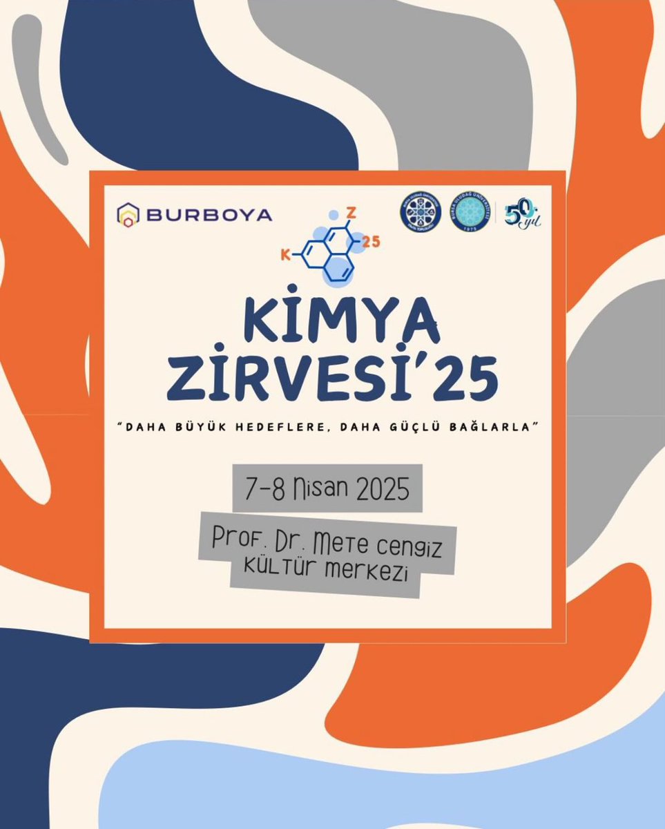 Uludağ Üniversitesi Kimya Bölümü ve Uludağ Kimya Topluluğu tarafından organize edilen 7-8 Nisan KİMYA ZİRVESİ’25te bende konuşmacı olarak yerimi alacağım.  Nazik davetleri için organizasyon komitesine çok teşekkür ederim. Sabırsızlıkla bekliyor olacağım☺️