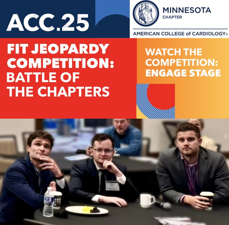 HCMC/MHI Cardiology Fellowship (@hcmc_mhifellows) on Twitter photo Join the <a href="/MHIF_Heart/">Minneapolis Heart Institute Foundation</a> and <a href="/HCMC_MHIfellows/">HCMC/MHI Cardiology Fellowship</a> ❤️ team as they represent Minnesota in @ACCFITJeopardy at #ACC2025! Watch virtually or join in Chicago on the Engage Stage @ACC2025 this Saturday!
<a href="/ACCinTouch/">American College of Cardiology</a> @JACC #CardioTwitter Join the <a href="/MHIF_Heart/">Minneapolis Heart Institute Foundation</a> and <a href="/HCMC_MHIfellows/">HCMC/MHI Cardiology Fellowship</a> ❤️ team as they represent Minnesota in @ACCFITJeopardy at #ACC2025! Watch virtually or join in Chicago on the Engage Stage @ACC2025 this Saturday!
<a href="/ACCinTouch/">American College of Cardiology</a> @JACC #CardioTwitter