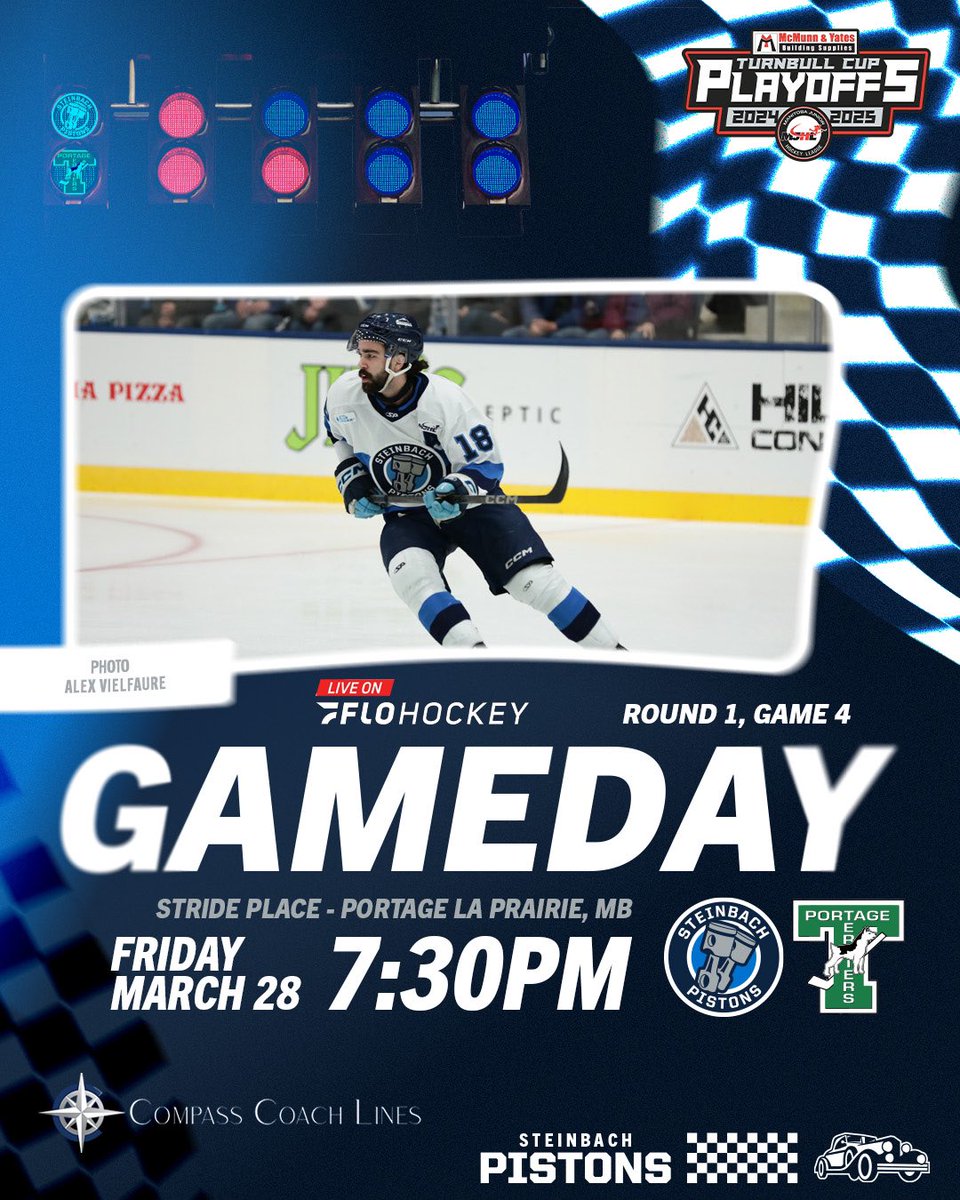 🚨PISTONS PLAYOFF GAME DAY🚨

The Pistons hit the road to Portage with <a href="/CompassCoachLtd/">Compass Coach Lines</a> as they look to tie the series up versus the Terriers! 

⏰7:30pm
📍Stride Place
📻DAbroadcasting.mixlr.com
📺 <a href="/flohockey/">FloHockey</a> 

#PistonsHockey