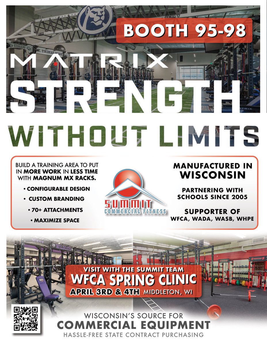 SummitFitnessWI's tweet image. Football Coaches – join us at the 2025 @wifca Clinic!
- Try out equipment
- See custom branding
- Meet Summit/Matrix reps
- Win prizes