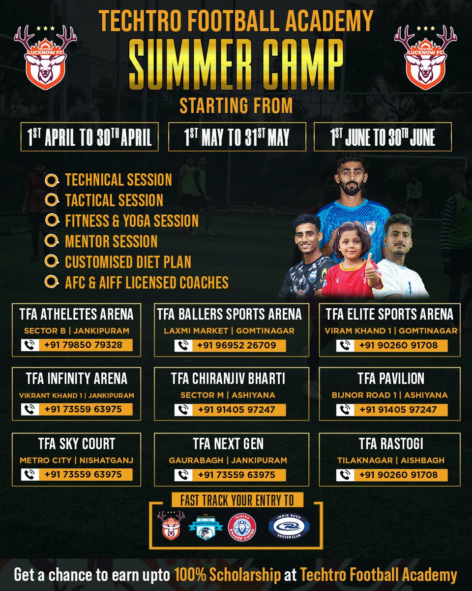 techtrolucknow's tweet image. Summer Break = Football Time! ⚽🔥
Step up your game at Techtro Lucknow FC&apos;s Summer Camp! 
 April - June 2025 | Select your batch &amp;amp; begin!
✅ Train with AFC &amp;amp; AIFF Licensed Coaches
📍Premier Locations Across the City!
 For details, call on given contact number 
Secure your spot