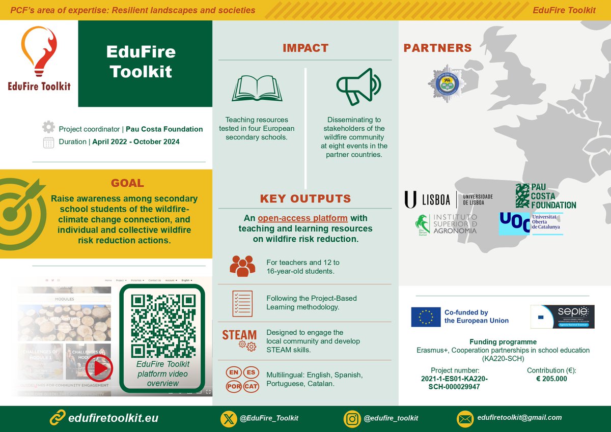 PauCostaF's tweet image. 📢@EduFire_Toolkit at a glance! 👀
Have a look at our project factsheet to get a general idea of what #EduFireToolkit was about. ✏🔥
We are proud to have coordinated #EduFireToolkit, which ended last December and was recognised as one of the top three community safety projects…