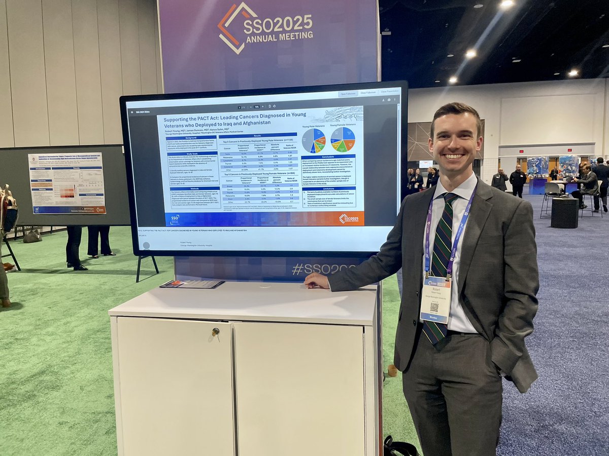 GW Surgery (@gwsurgery) on Twitter photo Congrats to research resident Dr. Rob Young on his poster presentation at #SSO2025 examining cancer rates in our US veterans through his work at the DC <a href="/DeptVetAffairs/">Veterans Affairs</a> — strong work!! ✨🇺🇸💯#meded #surgery #SurgOnc Congrats to research resident Dr. Rob Young on his poster presentation at #SSO2025 examining cancer rates in our US veterans through his work at the DC <a href="/DeptVetAffairs/">Veterans Affairs</a> — strong work!! ✨🇺🇸💯#meded #surgery #SurgOnc