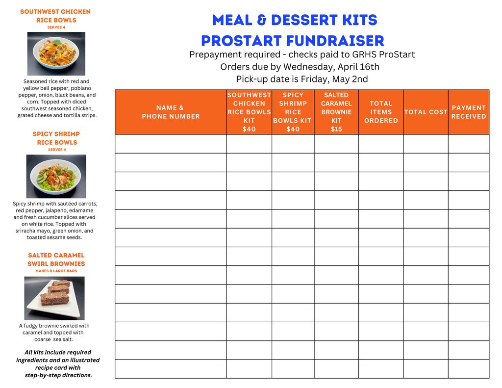 grmustangs's tweet photo. The GRHS ProStart students are now taking orders for meal kits. This year, we are offering Southwest Chicken Rice Bowls and Spicy Shrimp Rice Bowls. Each kit serves 4 people. We also have a Salted Caramel Brownie kit that makes 8 large bars. Place order by Wednesday, April 16th https://t.co/ytk8hlrhcX