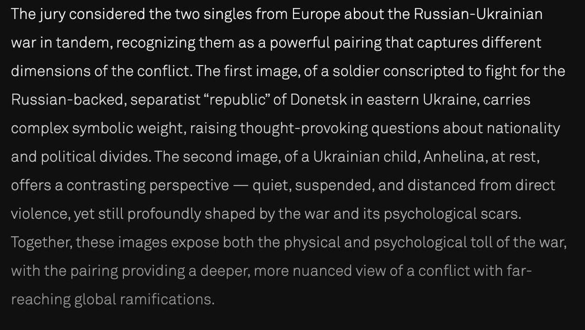 The World Press Photo’s decision to create a "tandem" of two photos depicting a Ukrainian child traumatized by war and a soldier of Russian invading army is pathetic. 

This is the worst example of a false moral equivalence between an aggressor and one who defends against