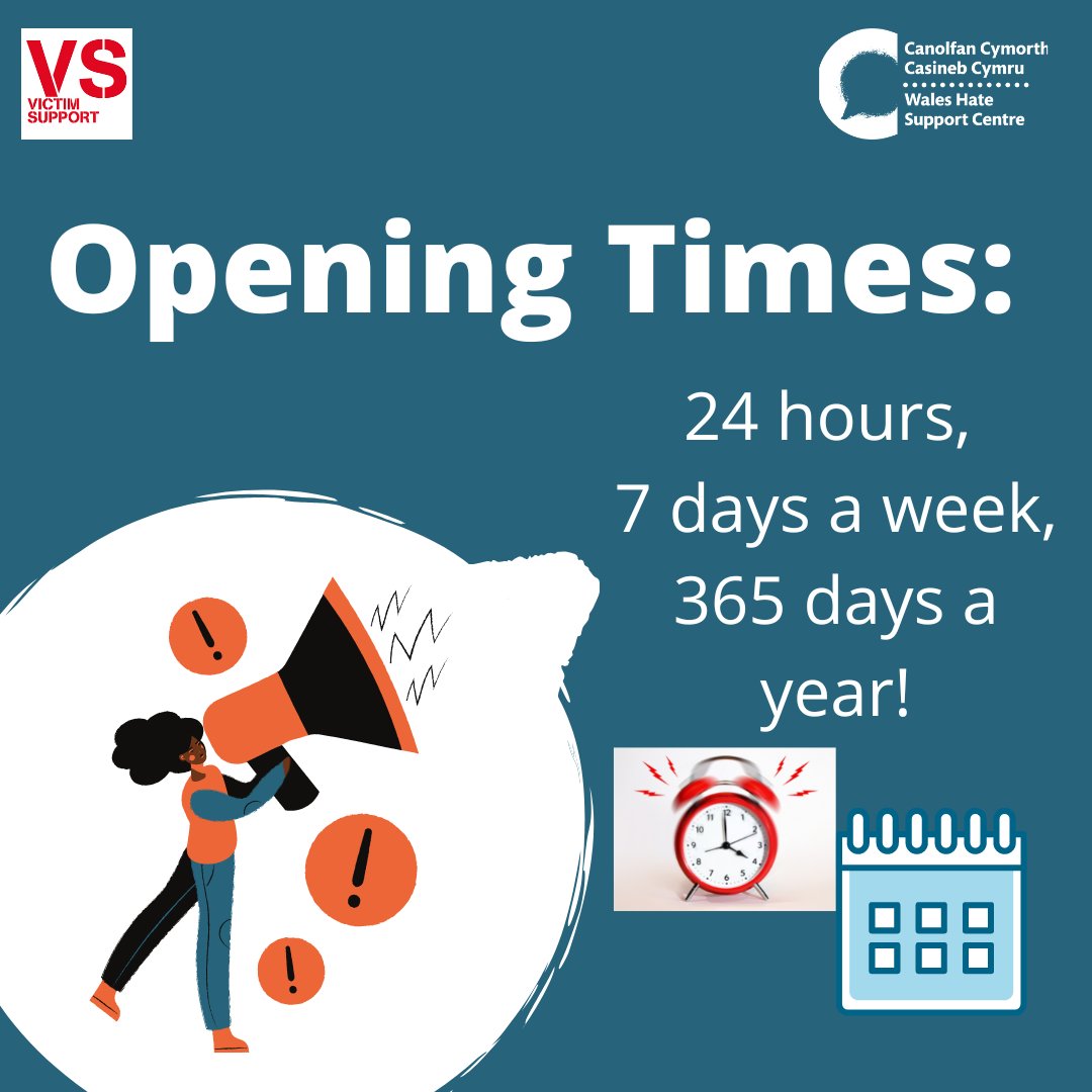 The Wales Hate Support Centre is open 24 hours a day, 7 days a week, 365 days a year with free and confidential support.

Contact us on 0300 30 31 982 to speak to us today.

#HateHurtsWales #No2Hate #HereAllYear