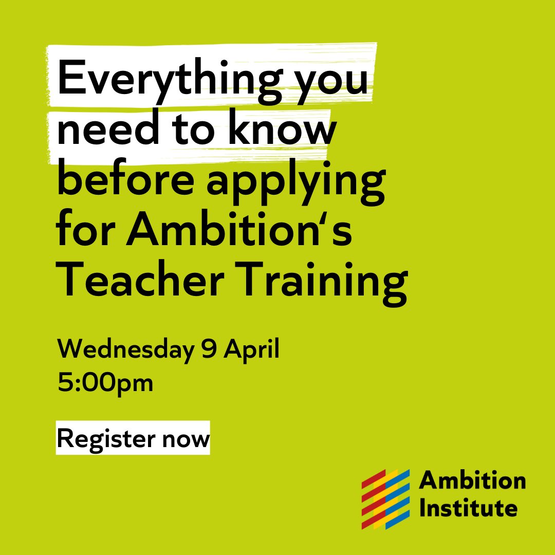 Ambition_Inst's tweet image. 💡Thinking about becoming a teacher?
Join our webinar on Wednesday 9 April to learn about our one-year Teacher Training programme. Our team will take you through all the key information you need to know before applying.
Register today👉
www2.ambition.org.uk/www2.ambition.…