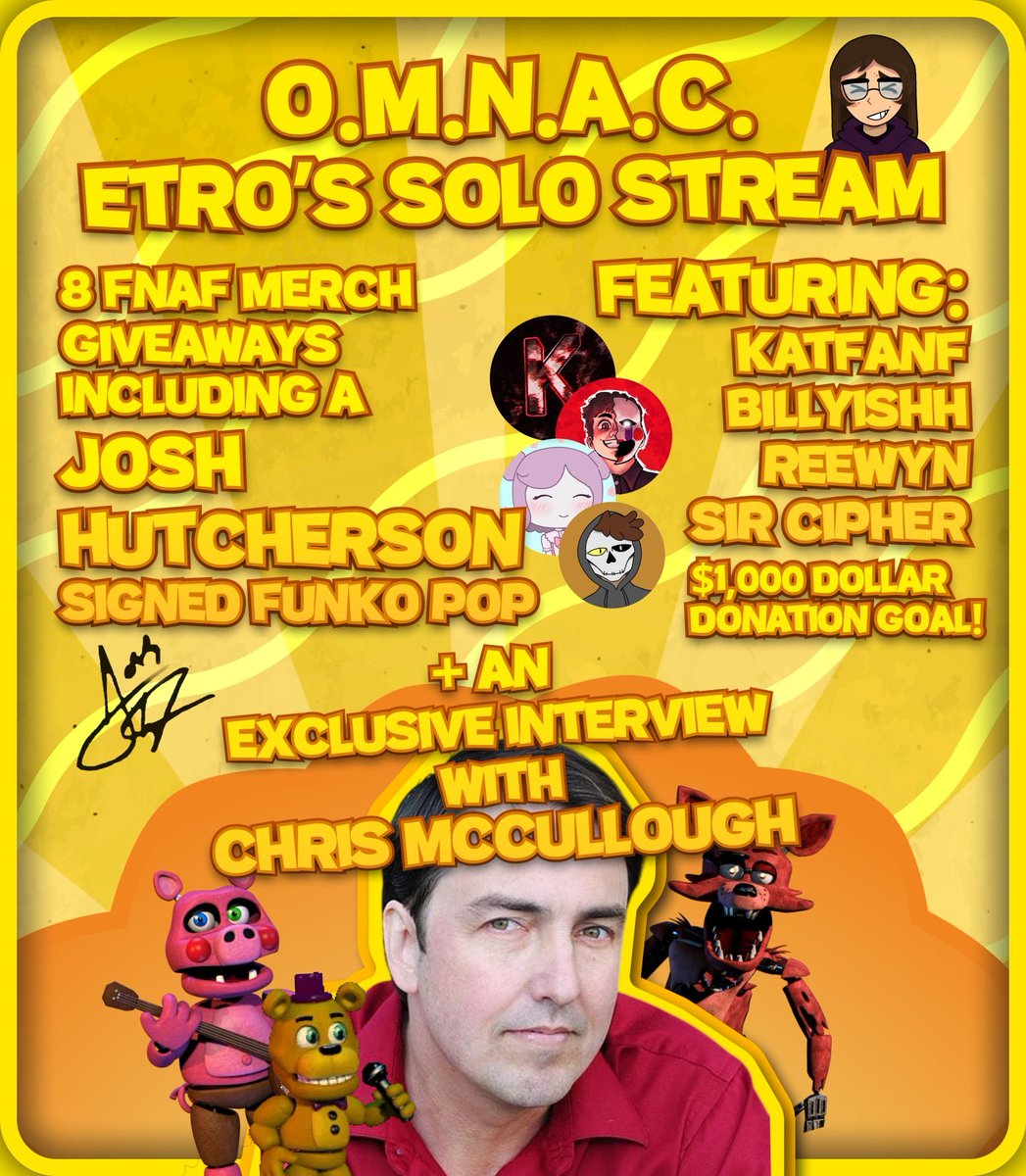 tjxz_z's tweet image. I will be featured on @TheLegendEtro&apos;s solo Charity stream tomorrow for @OneMoreNightAC with tons of giveaways and an exclusive interview with @GrigLager, the voice actor for Foxy in Ultimate Custom Night!

If you want, reply with questions for us to ask Chris!