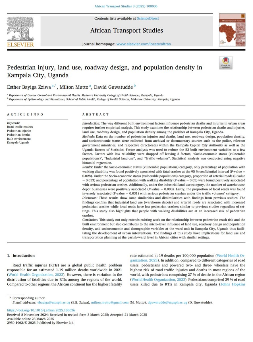 Trauma, Injury and Disability Unit (@triadunit) on Twitter photo 🚨Publication Alert🚨
Examination of the relationship between pedestrian deaths & injuries, land use, roadway design, & population density in Kampala, 🇺🇬. #RoadSafety
Congrats Dr.<a href="/e10star/">Bayiga Esther</a> Dr.<a href="/MuttoMilton/">Milton Mutto</a> Prof. Guwatudde👏
<a href="/MakSPH/">Makerere University School of Public Health</a> <a href="/Cebha01/">CEBHA+</a> <a href="/Oporiah/">Frederick Oporia</a>
Link: sciencedirect.com/science/articl… 🚨Publication Alert🚨
Examination of the relationship between pedestrian deaths & injuries, land use, roadway design, & population density in Kampala, 🇺🇬. #RoadSafety
Congrats Dr.<a href="/e10star/">Bayiga Esther</a> Dr.<a href="/MuttoMilton/">Milton Mutto</a> Prof. Guwatudde👏
<a href="/MakSPH/">Makerere University School of Public Health</a> <a href="/Cebha01/">CEBHA+</a> <a href="/Oporiah/">Frederick Oporia</a>
Link: sciencedirect.com/science/articl…