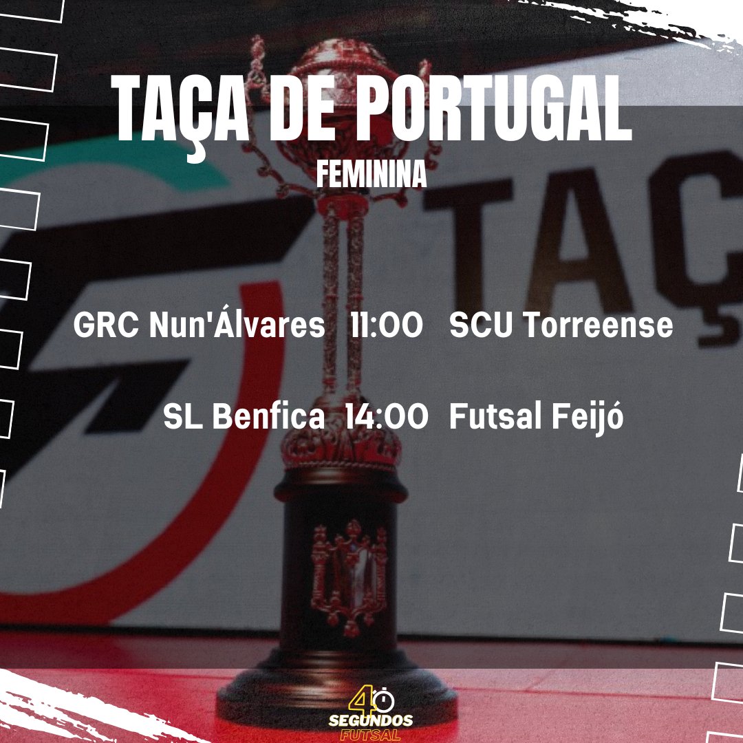 🏆 Está tudo pronto para a Final Four da Taça de Portugal Feminina de Futsal! 🔥

As meias-finais jogam-se este sábado em Matosinhos:
⚔️ 11h00: GCR Nun’Álvares 🆚 SCU Torreense
⚔️ 14h00: SL Benfica 🆚 Futsal Feijó/Metaseguros

Quem avança para a final? 🤔🏆