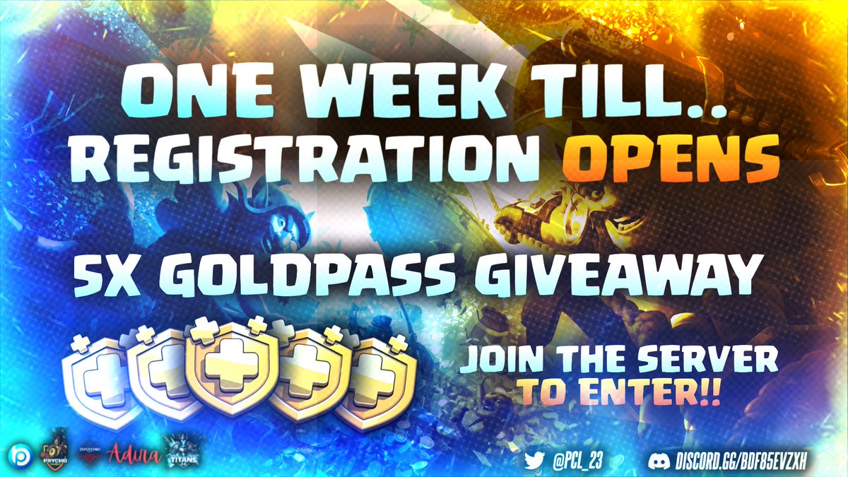 Psycho Champions League (PCL) (@pcl_23) on Twitter photo One week till registrations open! Join the server to be entered into a Gold pass giveaway that we are hosting! Giveaway ends when Registrations start! Picked at random by admin!
discord.gg/N4q9JpXC9x
<a href="/CoCEsports/">Clash of Clans Esports</a>
#PCLA
#PCL3 One week till registrations open! Join the server to be entered into a Gold pass giveaway that we are hosting! Giveaway ends when Registrations start! Picked at random by admin!
discord.gg/N4q9JpXC9x
<a href="/CoCEsports/">Clash of Clans Esports</a>
#PCLA
#PCL3