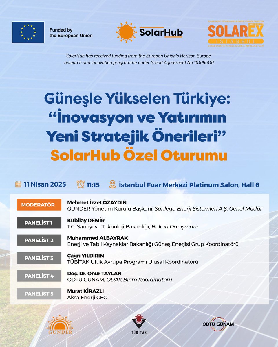 GunderSolar's tweet photo. 📣🚀DAVETLİSİNİZ: SolarHub projemize özel olarak SolarEX İstanbul’da hazırladığımız oturum, 🗓️ 11 Nisan Cuma günü, saat 11:15’te Platinum Salonda, Hall-6'da yapılacak ve YouTube üzerinden Türkçe &amp; İngilizce olarak canlı yayınlanacak.✅ @SolarexIstanbul #güneş #solarhub https://t.co/4EbdpIB0z2