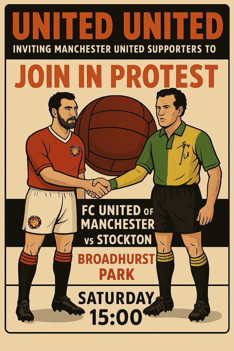 Get down to Broadhurst Park tomorrow for <a href="/FCUnitedMcr/">FC United of Manchester 🟥⬜⬛</a> vs @Stockton_TownFC 

1pm - anti-Glazer protest and flag display
1.30 - @malcolmses with <a href="/The__1958/">The 1958</a>
2.30 - flag display in the SMRE
3pm - Kick off

This will be a big one. Loads of like-minded reds in one place

Forza FCUM