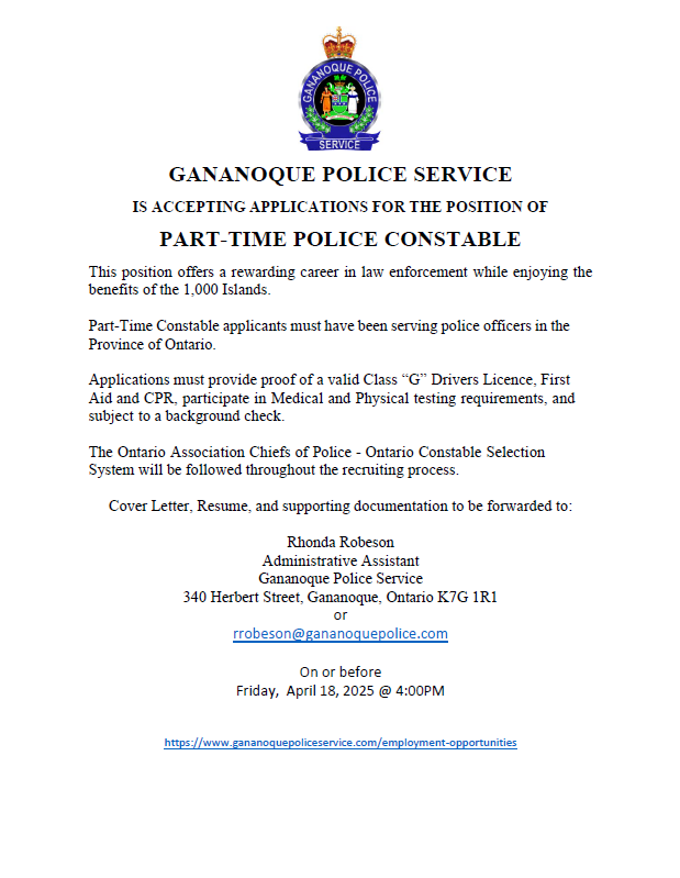 🔵We're Hiring!🔵
Part Time Police Constable Position 
Posting closes Friday, April 18, 2025 @ 4:00PM. 
Please visit our website for full details and required attachments: gananoquepoliceservice.com 
🚫No Phone Calls Please🚫  
#gananoquepoliceservice
<a href="/OACPOfficial/">OACPOfficial</a>