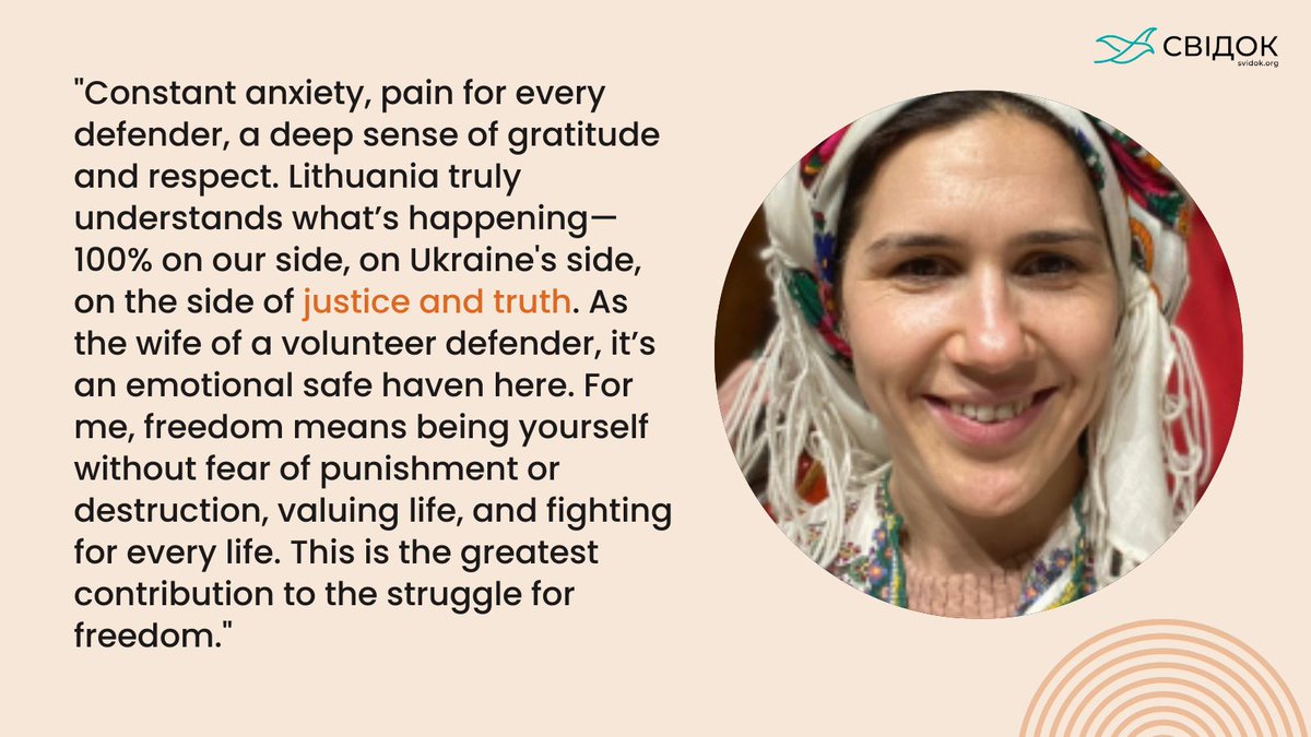 In Lithuania, a woman reflects on the deep support for Ukraine, her husband's role as a volunteer defender, and the anxiety of having loved ones on the front lines. Freedom, for her, is living without fear and being free to truly be herself. 
Read more: svidok.org/notes/ce-posti…