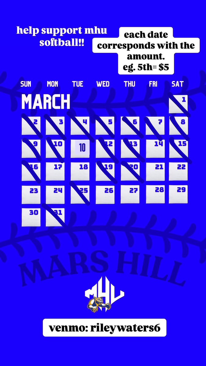 Hey everyone! There’s only a couple more days of March left for Mars Hill’s Softball calendar!! Anything would help! Everything being donated is going towards travel expenses and everything needed to play!! Thank you!