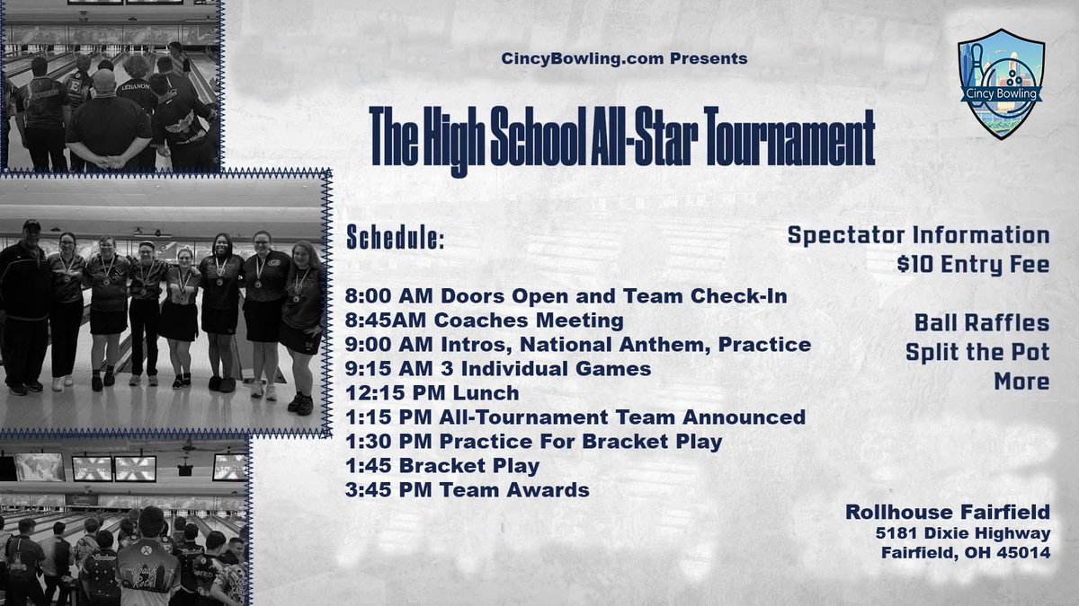 Lane assignments for the tournament on Sunday. Will the GWOC girls 4-peat? Will the ECC or GMC boys be the first to get to 3 wins? Will someone else surprise us? 
6 players, 18 qualifying games total, 4 rounds to crown a champ! Sunday 8am at Rollhouse Lanes Fairfield!