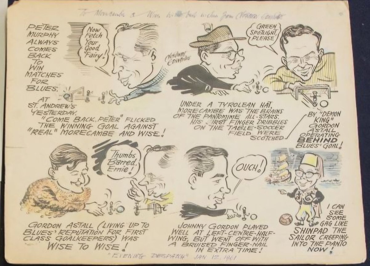 ink &amp; watercolour cartoon strip of Eric Morecambe playing Subbuteo against Birmingham City FC, inscribed by cartoonist Norman Edwards, the published version appeared in the Evening Despatch newspaper, 12 January 1961