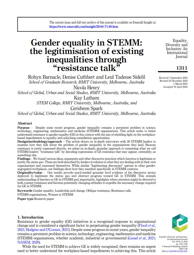 EDI_Journal's tweet photo. Paper spotlight @EDI_Journal: Robyn Barnacle, Denise Cuthbert, Leul Tadesse Sidelil @leultad &amp; colleagues - '#Gender equality in #STEMM: the legitimisation of existing inequalities through “#resistance talk”' See 🧵for key takeaways (1/4). Paper here: https://t.co/I8zNVgixC9 https://t.co/ErtIcJNv4R