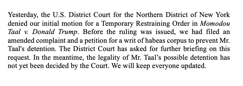 Statement on recent developments in Momodou Taal's case. Thank you for your continued support.

(March 28, 2025)