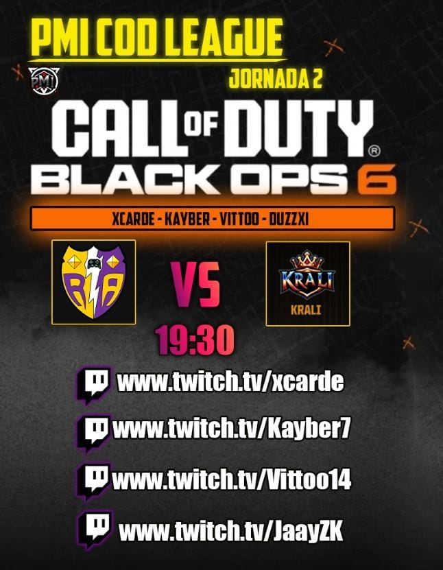Después de nuestra victoria en la primera jornada, nuestros soldados disputan hoy la segunda de la #PMICodLeague de <a href="/PMI_eSports/">PMI eSports</a>.

📍Jornada 2
⏰ 19:30
🆚️ KRALI

<a href="/Carde_ibdes/">xCarde</a> 🔫
<a href="/Kayber777/">Kevin Bello Ramos</a> 🔫
<a href="/ViTtoo__/">Javi</a> 🔫
<a href="/DuzZxi/">Alex</a> 🔫
<a href="/Mathi223010/">Mathias</a> 💼
<a href="/Ivangato_10/">Gato⚡</a> 💼

#CallofDuty #esports