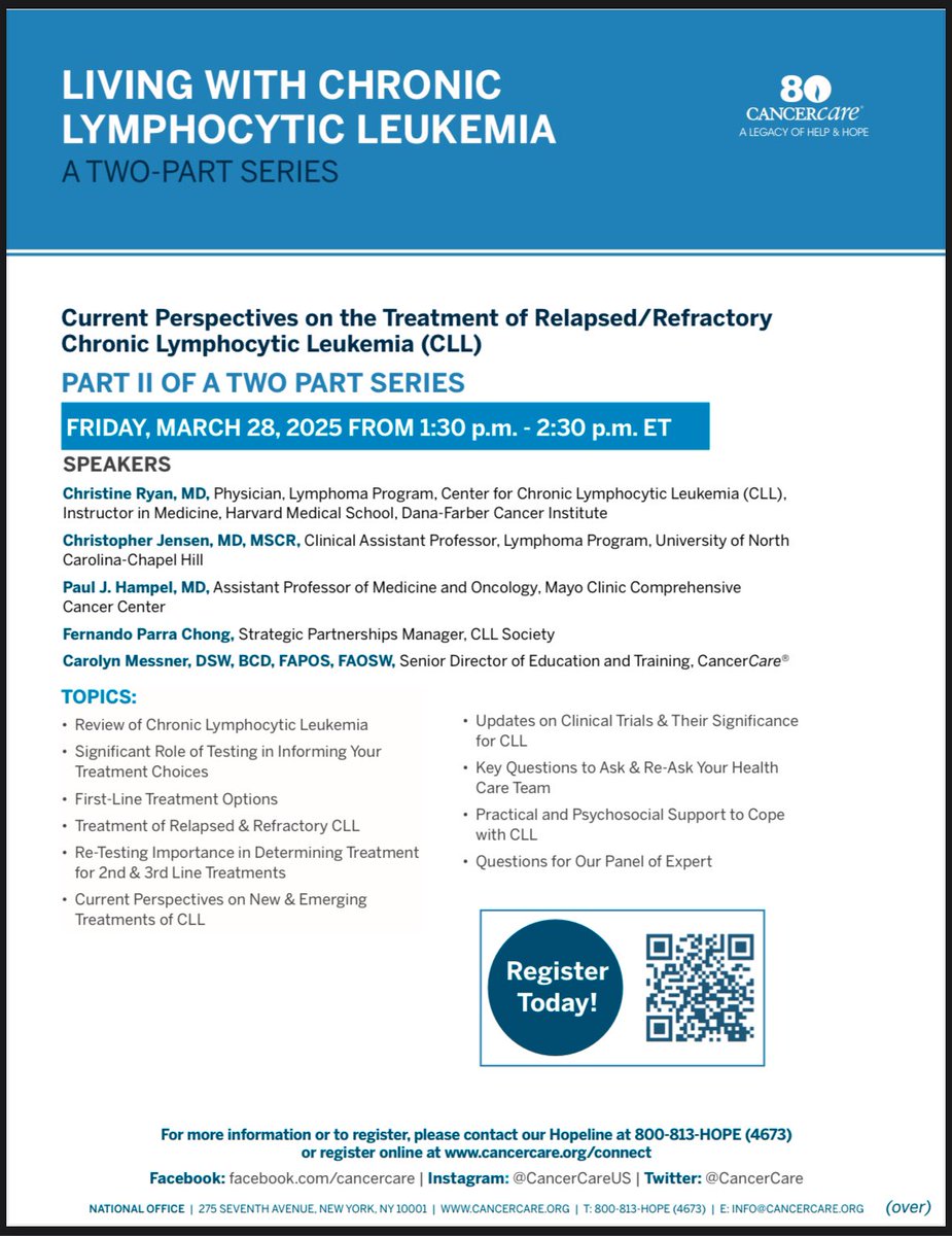 hampel_p's tweet image. Looking forward to speaking @ Current Perspectives on the Treatment of Relapsed/Refractory Chronic Lymphocytic Leukemia (CLL) this afternoon (TODAY!) with @CancerCare & @CllSociety! Joined also by Drs @ChristineRyanMD and Christopher Jensen!