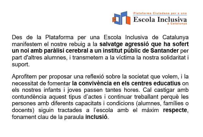 Comunicat de la Plataforma pel cas de l'agressió a un jove amb paràlisi cerebral a un institut públic de Santander
#NoALaViolencia