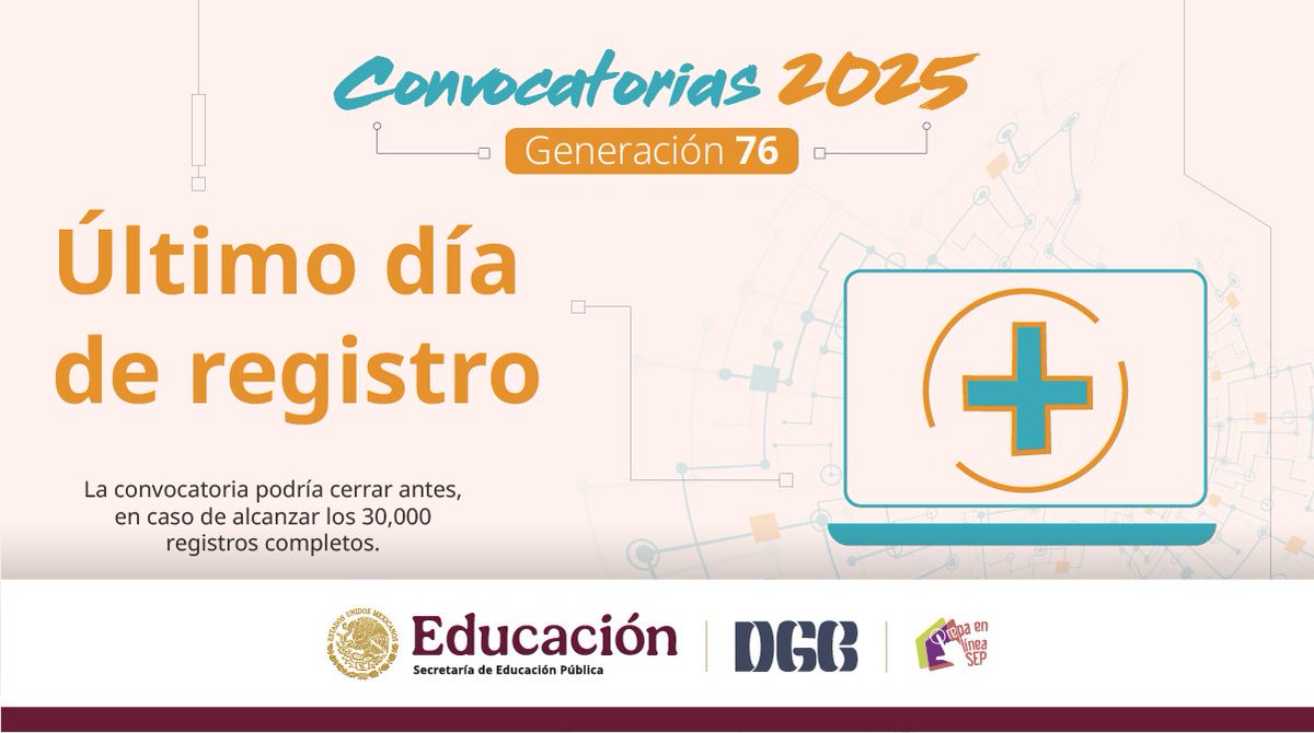 🔴 ¡Atención aspirante! Quedan pocos días.
La convocatoria está próxima a cerrar. No lo dejes pasar y concluye tu registro. 📄✔️

prepaenlinea.sep.gob.mx/convocatorias-…

#Convocatorias2025PLSEP
