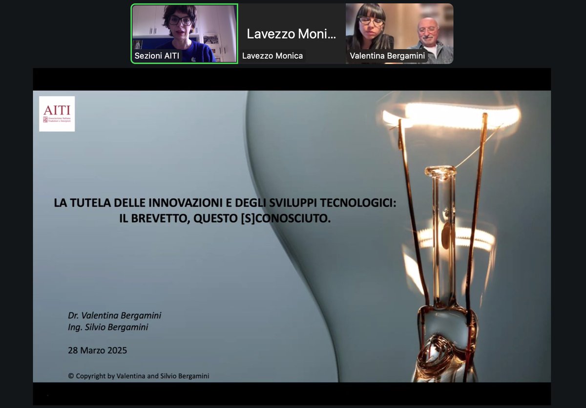 La sezione #AITI_PVDA è in diretta con il webinar "La tutela delle innovazioni e degli sviluppi tecnologici: il brevetto, questo [s]conosciuto". Silvio Bergamini e Valentina Bergamini stanno esaminando la struttura dei brevetti.
#AITIforma #venerdìconAITI #webinarAITI