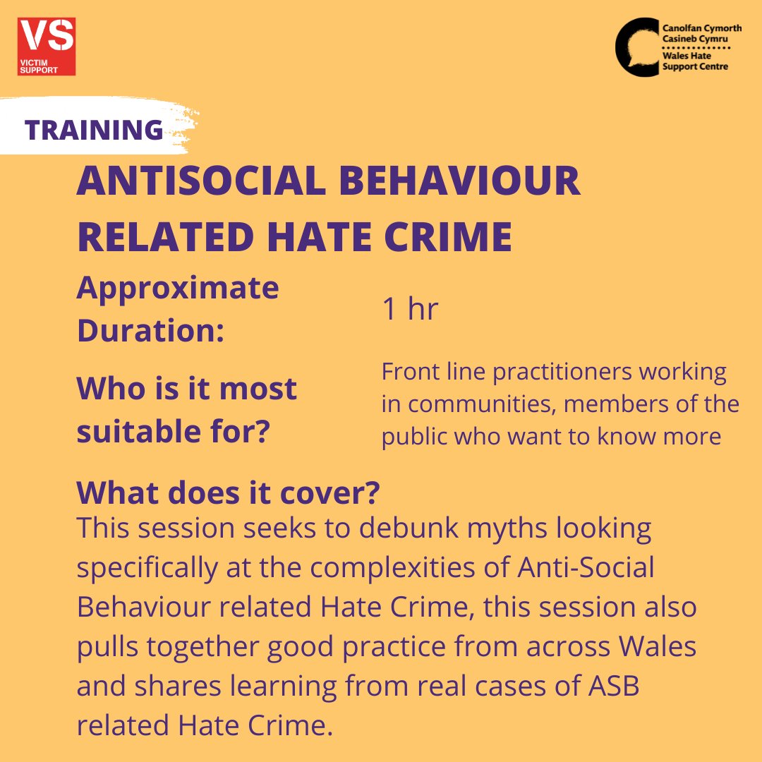 Anti-social behaviour related hate can be complex. We offer free sessions to professionals and community members to help them understand the impact and support available.

Express your interest here:
forms.microsoft.com/e/cZHDHYhgH8

#ASBHate #ASB #HateHurtsWales