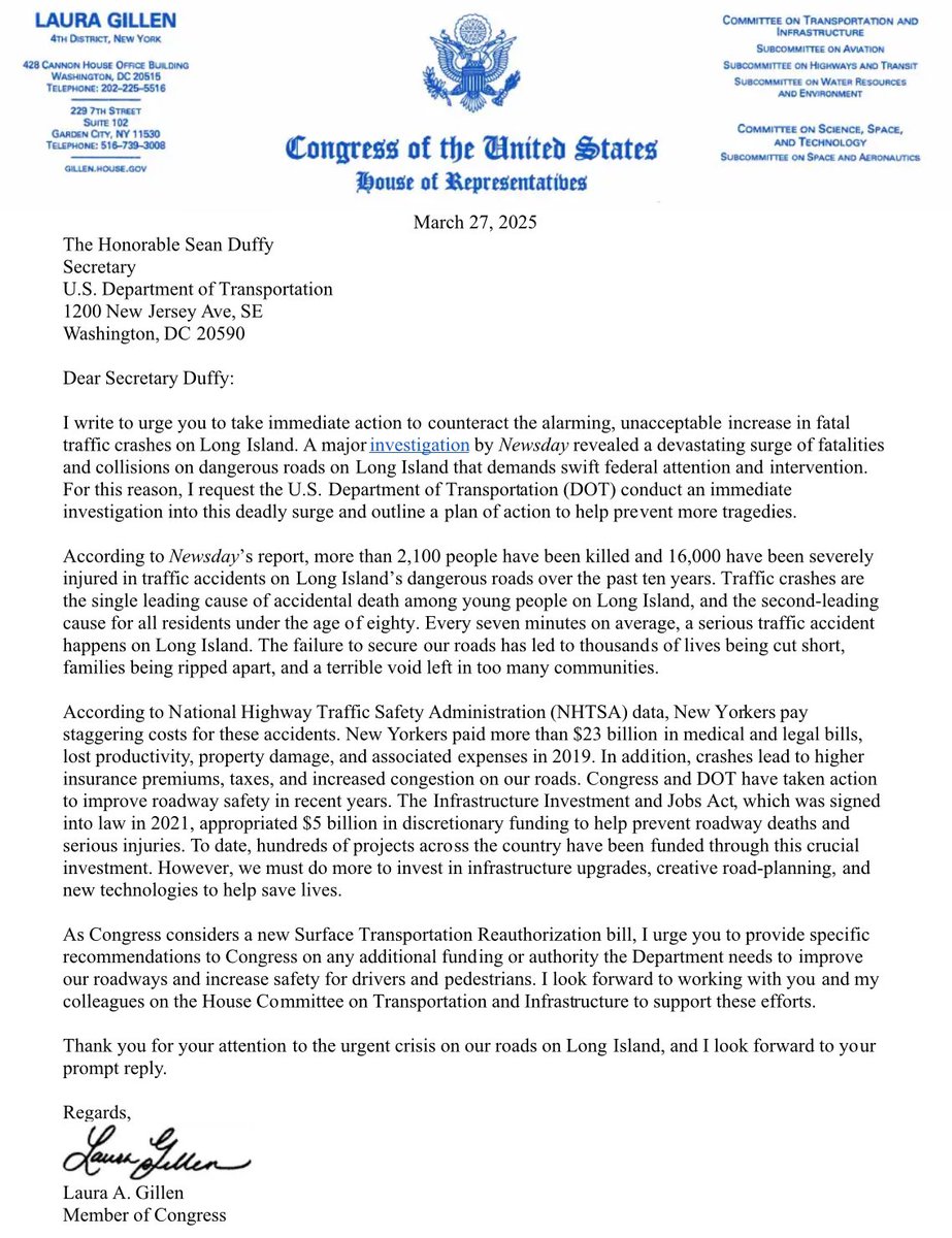 Congresswoman Laura Gillen (@replauragillen) on Twitter photo A serious car accident happens every 7 minutes on Long Island. That’s unacceptable.
After <a href="/Newsday/">Newsday</a>’s bombshell reporting that 2,100 Long Islanders were killed in traffic accidents over the past decade, I wrote to <a href="/SecDuffy/">Secretary Sean Duffy</a> calling for a <a href="/USDOT/">U.S. Department of Transportation</a> investigation and immediate action A serious car accident happens every 7 minutes on Long Island. That’s unacceptable.
After <a href="/Newsday/">Newsday</a>’s bombshell reporting that 2,100 Long Islanders were killed in traffic accidents over the past decade, I wrote to <a href="/SecDuffy/">Secretary Sean Duffy</a> calling for a <a href="/USDOT/">U.S. Department of Transportation</a> investigation and immediate action