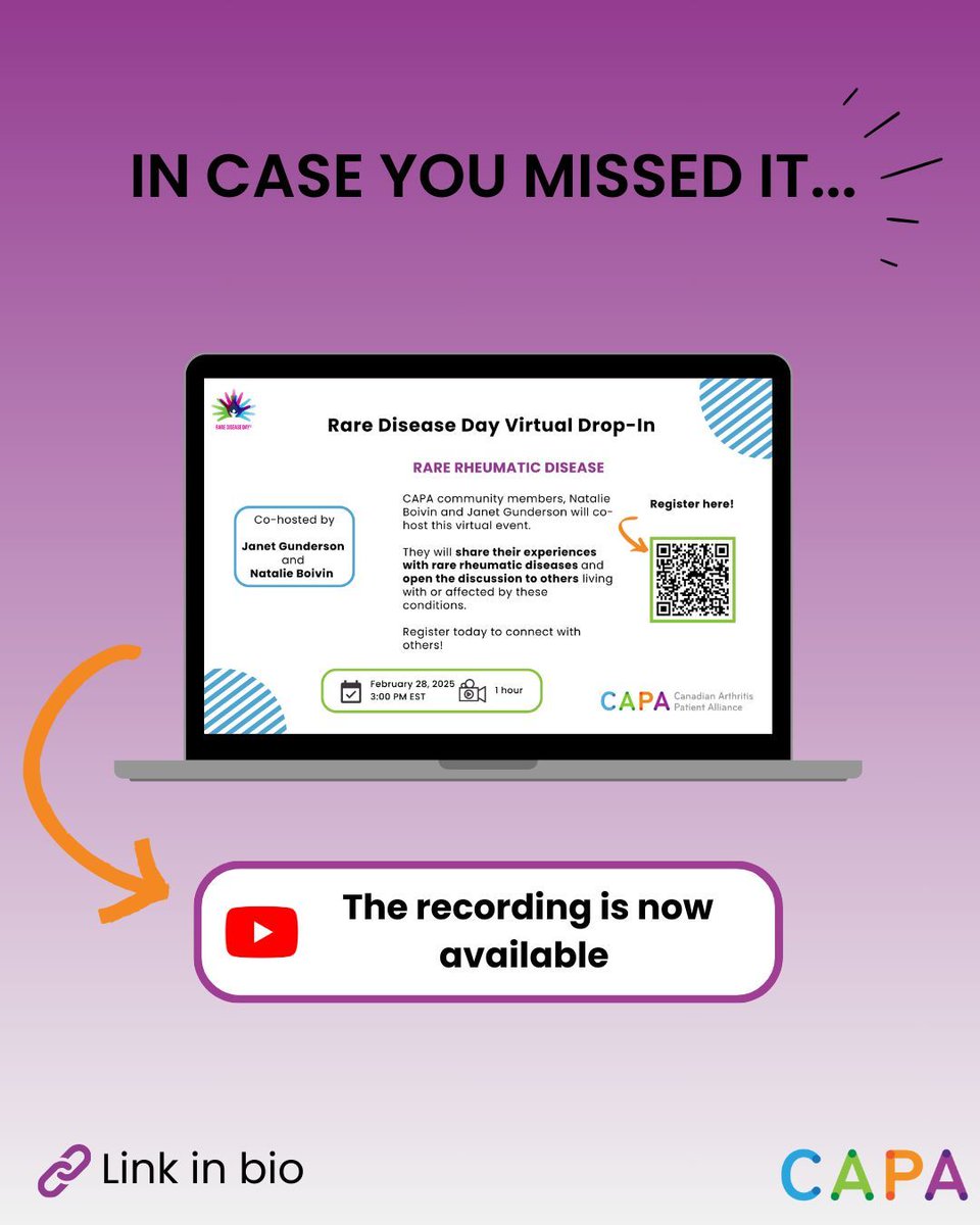 CAPA (@capa_arthritis) on Twitter photo In case you missed our Rare Disease Day Drop-In last month, it is now available on our YouTube channel.
Co-hosts <a href="/JanetGunderson/">Janet Gunderson</a> and Natalie Boivin discuss living with rare rheumatic diseases, such as vasculitis and relapsing polychondritis.
Watch here buff.ly/r6YTSwt In case you missed our Rare Disease Day Drop-In last month, it is now available on our YouTube channel.
Co-hosts <a href="/JanetGunderson/">Janet Gunderson</a> and Natalie Boivin discuss living with rare rheumatic diseases, such as vasculitis and relapsing polychondritis.
Watch here buff.ly/r6YTSwt