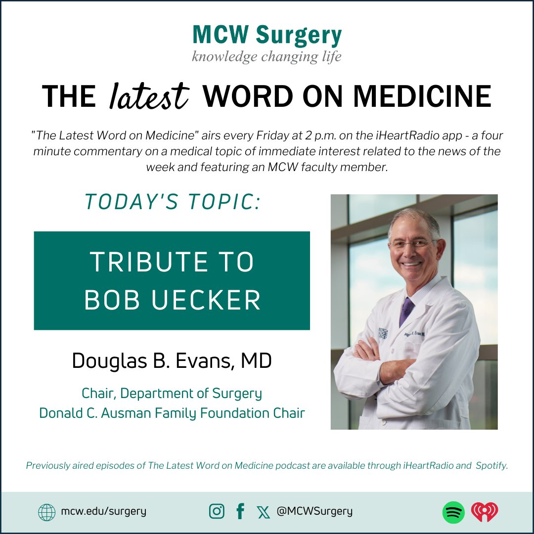 MCW Surgery (@mcwsurgery) on Twitter photo 🎙️The #LatestWordOnMedicine airs at 2PM on <a href="/iHeartRadio/">iHeartRadio</a> & will feature a Tribute to Bob Uecker by Dr. Douglas Evans.
Listen here: ow.ly/OrPL50PM7B1
#LeadingTheWay <a href="/MedicalCollege/">Medical College of Wisconsin</a> <a href="/Froedtert/">Froedtert</a> 🎙️The #LatestWordOnMedicine airs at 2PM on <a href="/iHeartRadio/">iHeartRadio</a> & will feature a Tribute to Bob Uecker by Dr. Douglas Evans.
Listen here: ow.ly/OrPL50PM7B1
#LeadingTheWay <a href="/MedicalCollege/">Medical College of Wisconsin</a> <a href="/Froedtert/">Froedtert</a>