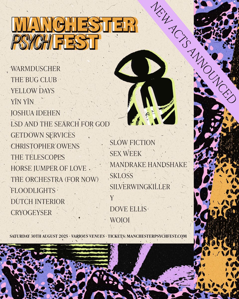 ManchesterPsychFest (@mancpsychfest) on Twitter photo This week we announced a whole host of new acts playing Manchester Psych Fest 2025.
Featuring: <a href="/warmduscherr/">Warmduscher</a>, <a href="/thebugclubband/">The Bug Club</a>, <a href="/yellowdays/">Yellow Days</a>, Yīn Yīn, <a href="/joshuaidehen80/">Joshua Idehen</a> and plenty more.
Tickets/info: manchesterpsychfest.com This week we announced a whole host of new acts playing Manchester Psych Fest 2025.
Featuring: <a href="/warmduscherr/">Warmduscher</a>, <a href="/thebugclubband/">The Bug Club</a>, <a href="/yellowdays/">Yellow Days</a>, Yīn Yīn, <a href="/joshuaidehen80/">Joshua Idehen</a> and plenty more.
Tickets/info: manchesterpsychfest.com