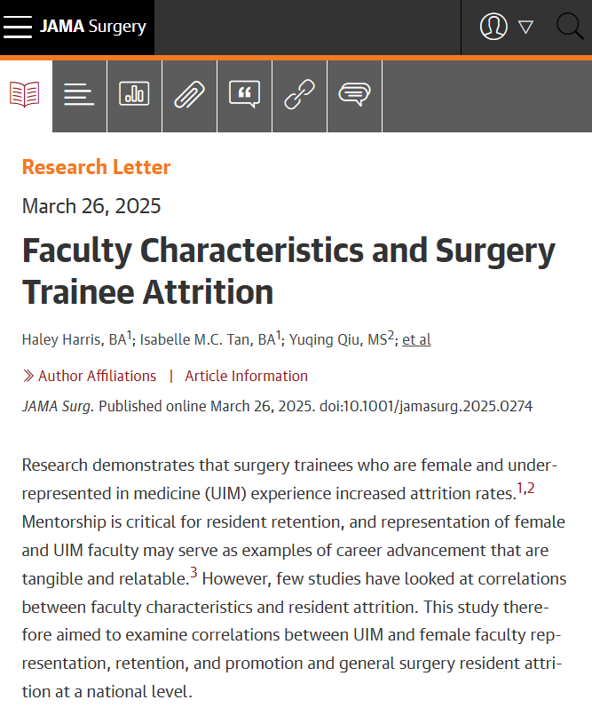Increased representation, retention, and promotion of female and underrepresented in medicine (UIM) faculty are associated with reduced attrition rates among female and UIM surgery trainees. ja.ma/424mGUP