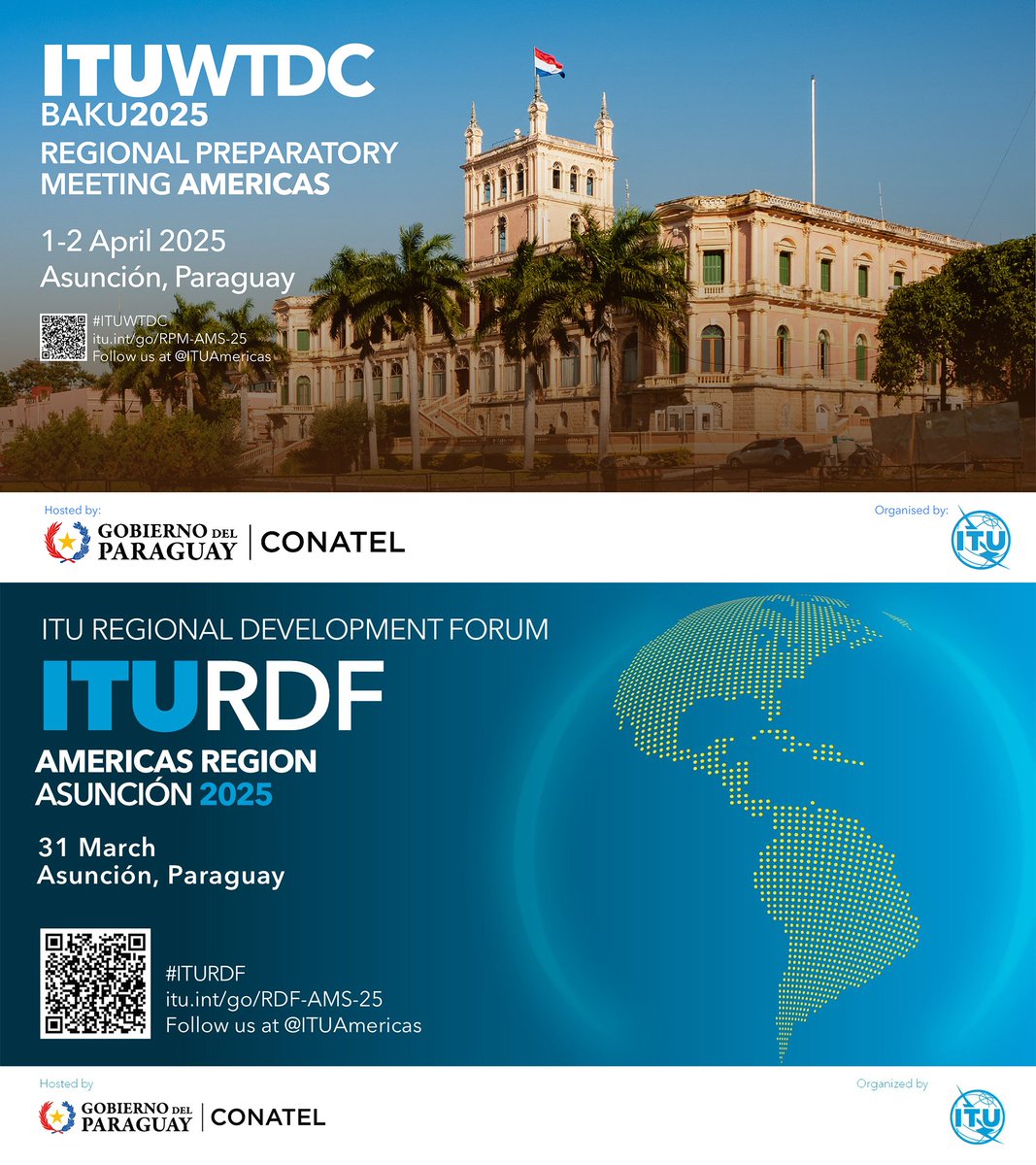 Happening next week:

On our journey to #ITUWTDC-25, the Regional Preparatory Meeting for Americas, preceded by #ITURDF will take place in Asunción, Paraguay. Let's work together to achieve regional coordination + foster digital development.
itu.int/itu-d/meetings…