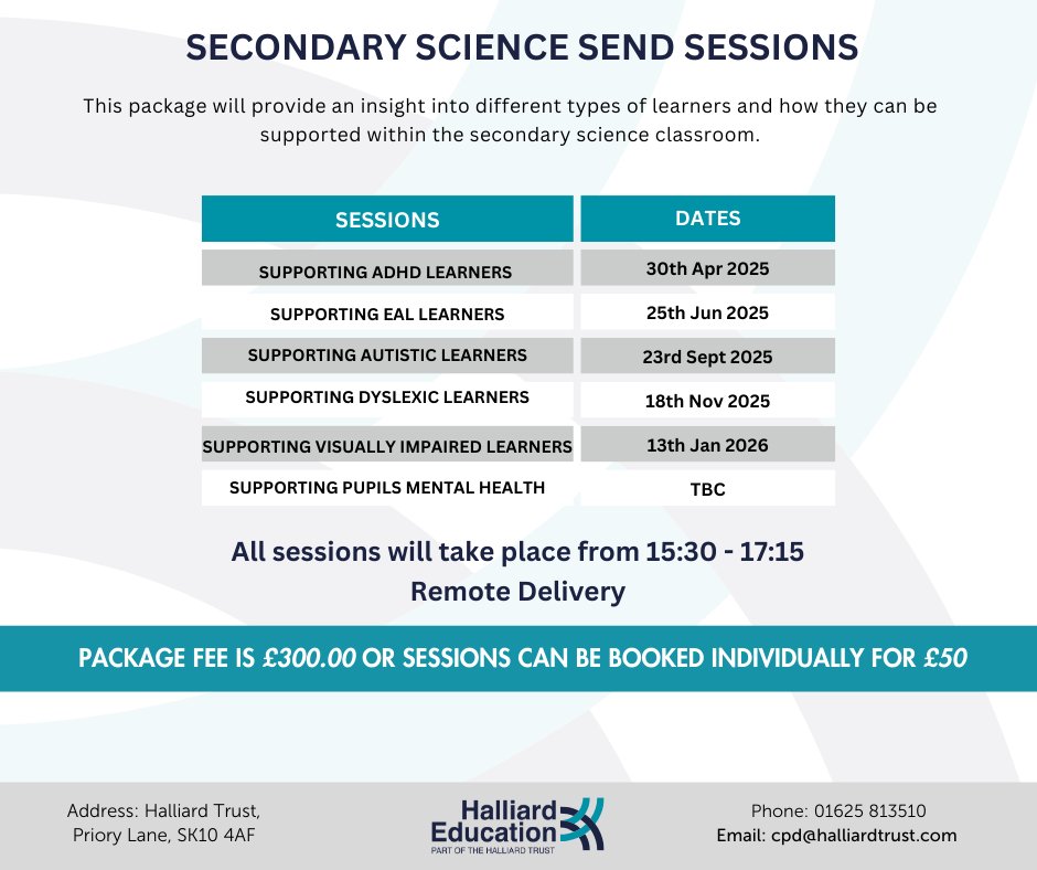 Come and join us online for our upcoming Science CPD which starts this April! These sessions will focus on supporting SEND learners in the secondary science classroom.

🎟 Book here: eventbrite.co.uk/e/secondary-sc… 

#secondaryscience #SEND #scienceCPD #remoteCPD