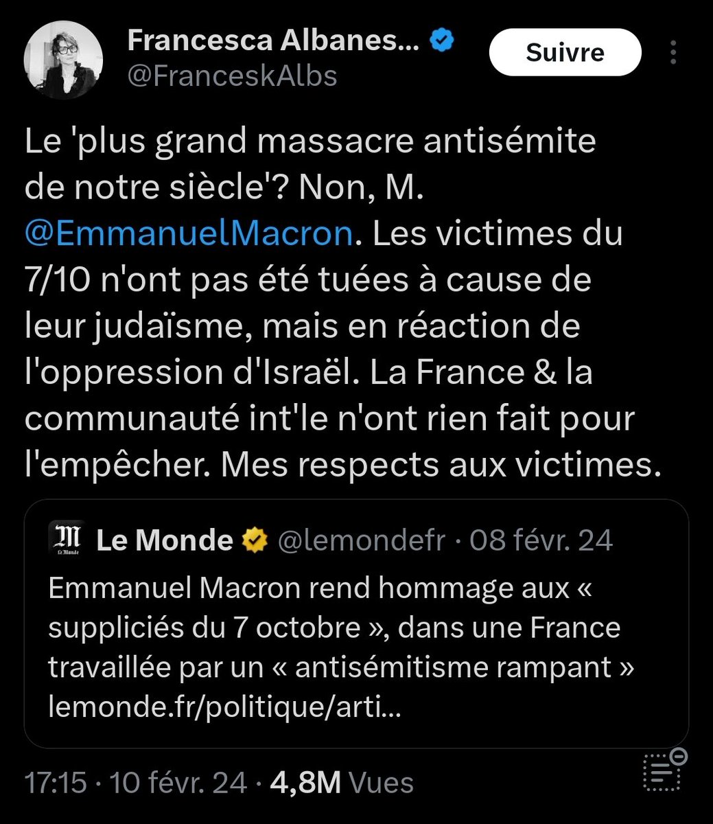 Yonathan_Arfi's tweet photo. Antisémitisme, complotisme, apologie du terrorisme... : le mandat de Francesca Albanese ne doit pas être reconduit !

Le mandat de la Rapporteuse spéciale de l'ONU sur la situation des droits de l'Homme dans les territoires palestiniens se termine le 1er avril.

Francesca Albanese s'est illustrée par des propos antisémites et complotistes répétés, sa légitimation des attaques terroristes du 7-Octobre et par des comparaisons indécentes avec la Shoah.

- « L'Amérique est soumise au lobby juif » 31 juillet 2014, dans le cadre d'un appel de fonds pour l'UNRWA 

- « La violence d'aujourd'hui [7 octobre 2023] doit être replacée dans son contexte. » - 7 octobre 2023

« Vous avez le droit de résister » - novembre 2022, lors d'une conférence organisée par des dirigeants du Hamas

Après l'hommage national du 7 février 2024 aux Invalides, Madame Albanese a également pris à partie le Président Emmanuel Macron en niant l’antisémitisme des attaques du 7-Octobre.

Ce ne sont que quelques déclarations parmi de nombreuses autres.

Nous appelons la France et les Etats membres du Conseil des Droits de l’Homme à s’opposer à une nouvelle nomination de Madame Albanese.

Il en va de la dignité des Nations-Unies !
