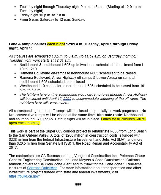 Caltrans District 7 (@caltransdist7) on Twitter photo 🚧Super 605🚧 
Overnight lane closures scheduled on northbound & southbound I-605 between Cerritos & Irwindale next week starting at 12:01 AM Tuesday, April 1. Closure details below. QuickMap.dot.ca.gov #Super605 🚧Super 605🚧 
Overnight lane closures scheduled on northbound & southbound I-605 between Cerritos & Irwindale next week starting at 12:01 AM Tuesday, April 1. Closure details below. QuickMap.dot.ca.gov #Super605
