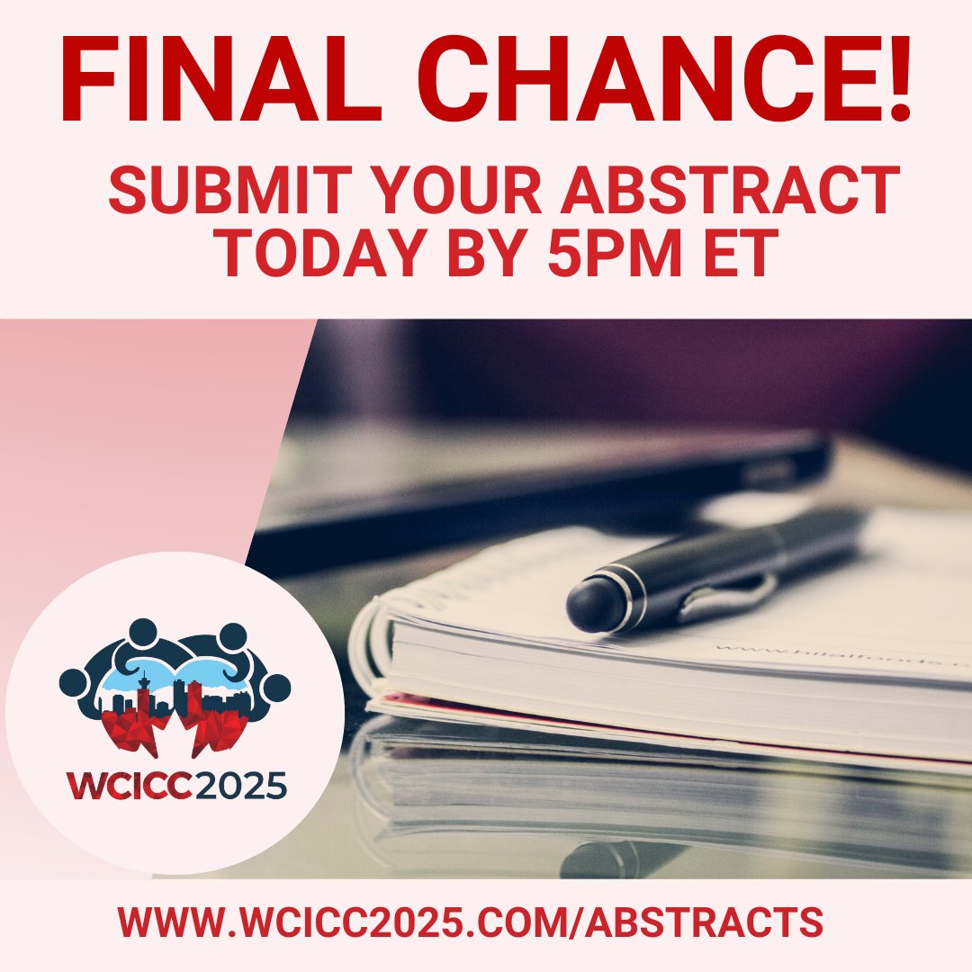 WCICC2025's tweet image. 🚨 Last Call! 🚨

Today is your final opportunity to submit an abstract for the 17th World Congress of Intensive and Critical Care! 

Don’t miss out—get it in by 5 PM ET!

👉 wcicc2025.com/abstracts

#WCICC2025 #SubmitYourAbstract #CCCS #CACCN #CSRT #WFICC