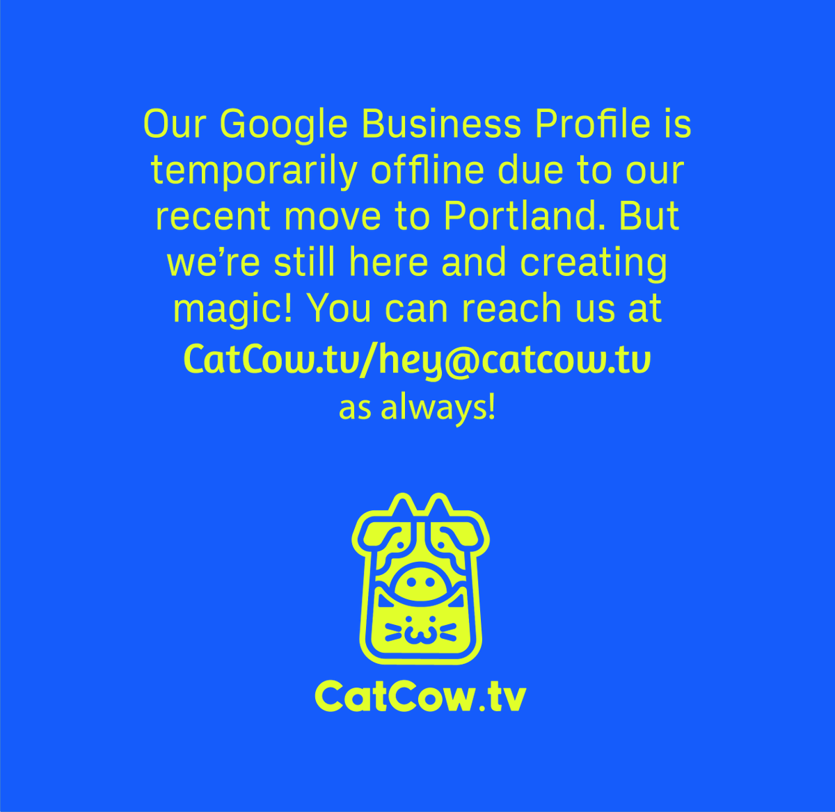 catcowstudio's tweet photo. Our Google Business Profile is temporarily offline due to our recent move to Portland. But we’re still here and creating magic! You can reach us at https://t.co/L4htUa6l1m as always!
#SmallBusiness #SupportLocal #BusinessUpdate #GoogleBusinessProfile #PortlandBusiness https://t.co/d4mKhUEE5G