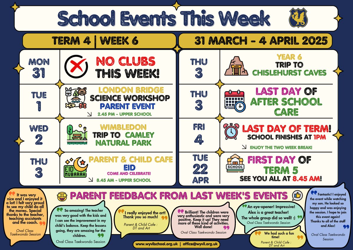 📢 Check out next week's events bulletin for Wyvil Primary School – the last week of Term 4! 🎉📆

Don't miss out on all the exciting activities and important dates before we break up for the holidays! 😎