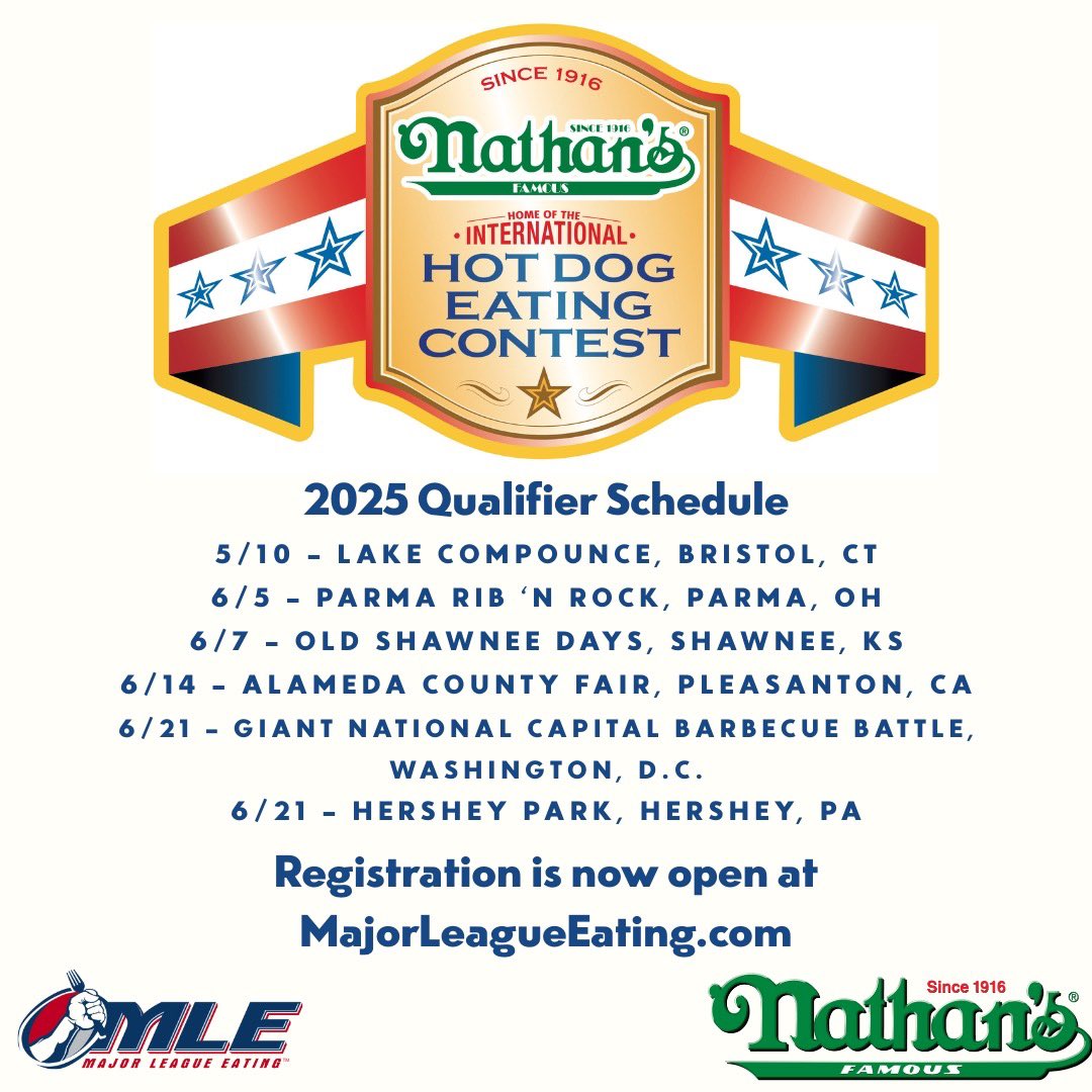 Major League Eating (@eatingcontest) on Twitter photo The Road to Coney is open, and now is your chance to stand shoulder to shoulder with the greatest eaters of all time.
The 2025 Qualifiers are set! Are you ready to prove that you have what it takes to punch your ticket to the Super Bowl of competitive eating?a The Road to Coney is open, and now is your chance to stand shoulder to shoulder with the greatest eaters of all time.
The 2025 Qualifiers are set! Are you ready to prove that you have what it takes to punch your ticket to the Super Bowl of competitive eating?a
