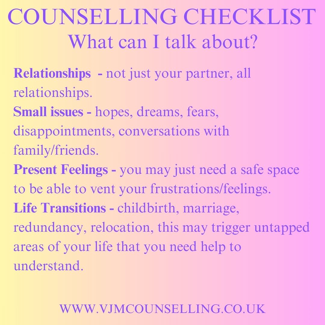 VJMCounselling's tweet photo. What can I talk about? This is something I get asked a lot in an initial session. The answer is anything that is making you feel unhappy, is challenging your daily life or past experiences that are troubling you. https://t.co/VhnjvD13IN #onlinetherapist #talkinghelps #wellbeing https://t.co/W3iz3WAyoL