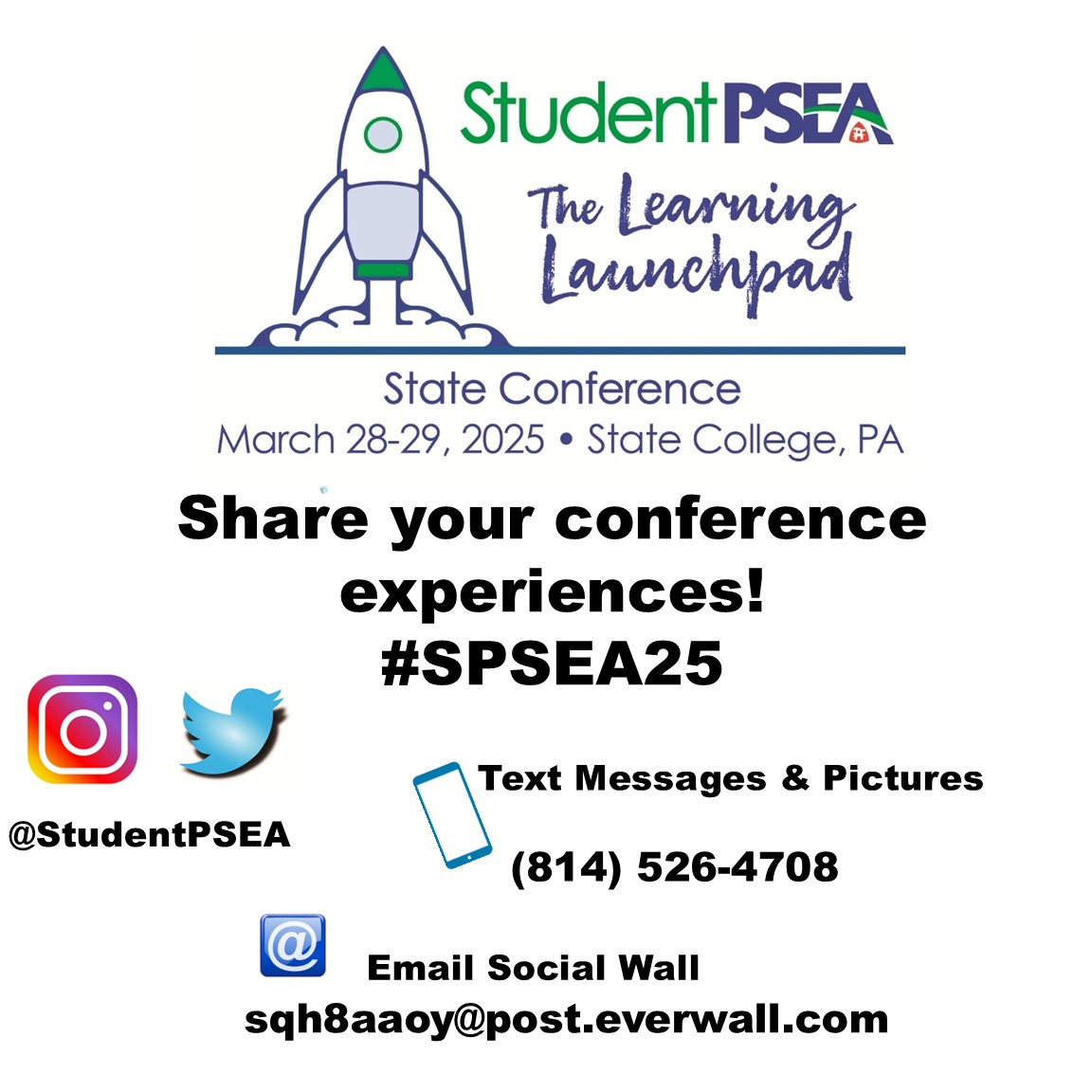 📢 Share with conference attendees!

Social media, text messages, email, and webform! Get your thoughts on the big screen during the conference. 

#SPSEA25
